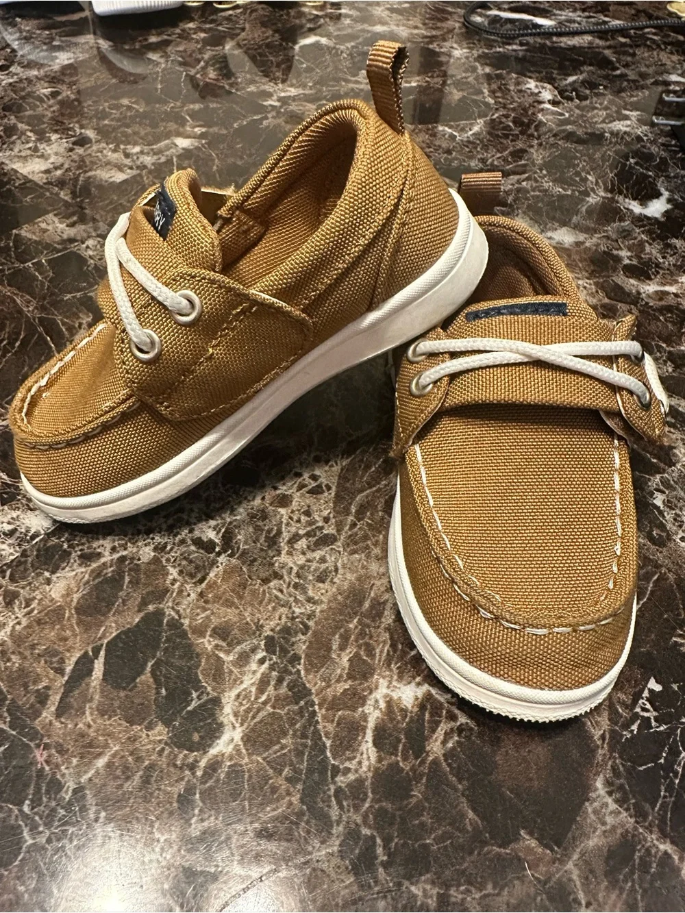 Sperry Kids Tan Canvas Moccasins with White Laces